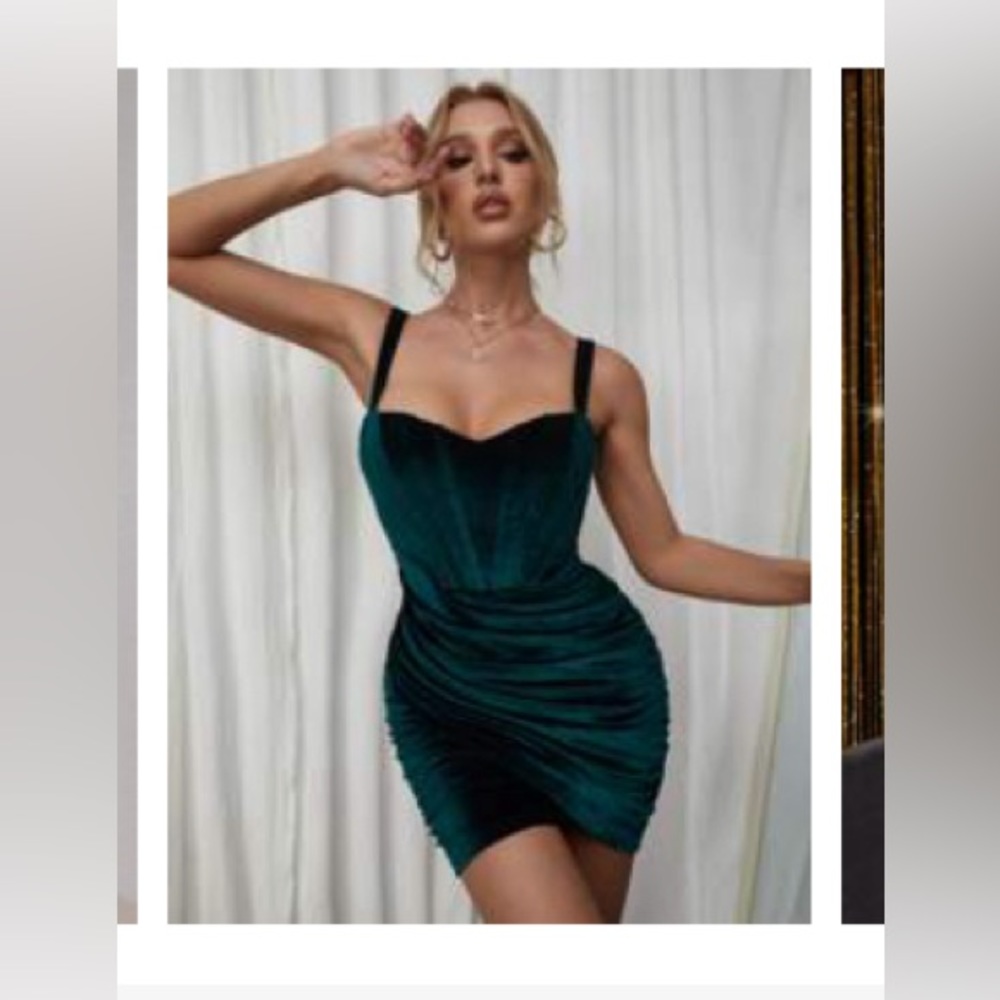 Emerald green velvet ruched dress
